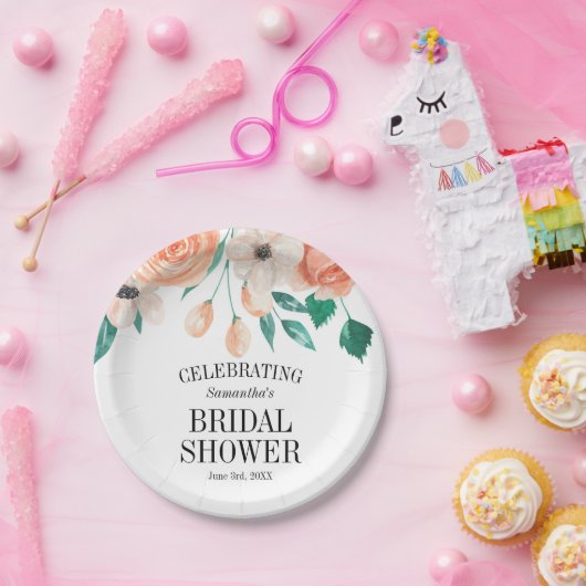 ピーチエレガントフローラブライダルシャワーパーソナライズされた ペーパープレート (パーティー)