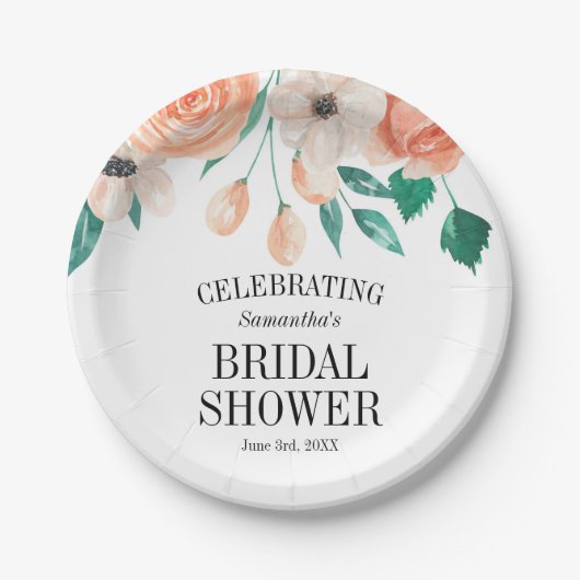 ピーチエレガントフローラブライダルシャワーパーソナライズされた ペーパープレート (正面)