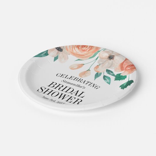 ピーチエレガントフローラブライダルシャワーパーソナライズされた ペーパープレート (アングル)