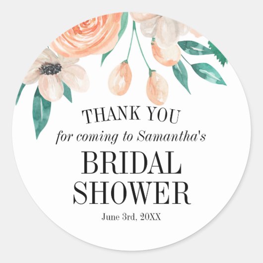 ピーチエレガントフローラブライダルシャワーパーソナライズされた ラウンドシール (正面)