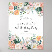 ピーチエレガントフローラリーフ80thバースデーパーティーサイン ポスター (正面)