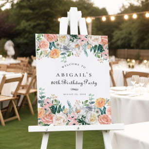 ピーチエレガントフローラリーフ80thバースデーパーティーサイン ポスター