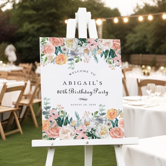 ピーチエレガントフローラリーフ80thバースデーパーティーサイン ポスター