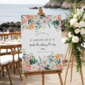 ピーチエレガントフローラリーフ90thバースデーパーティーサイン ポスター