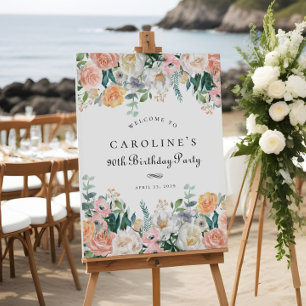 ピーチエレガントフローラリーフ90thバースデーパーティーサイン ポスター