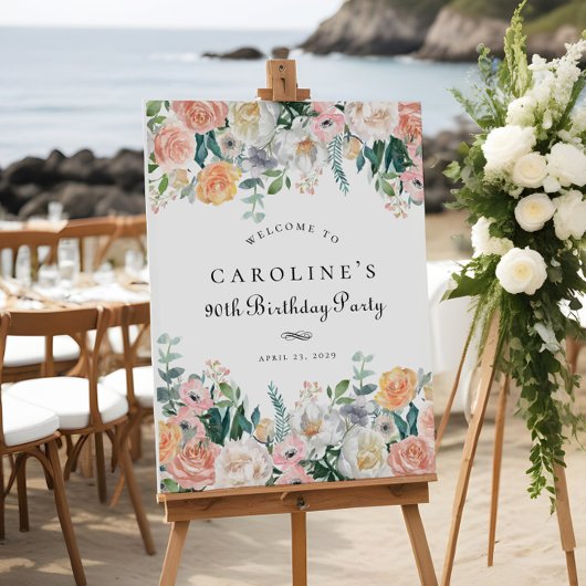 ピーチエレガントフローラリーフ90thバースデーパーティーサイン ポスター