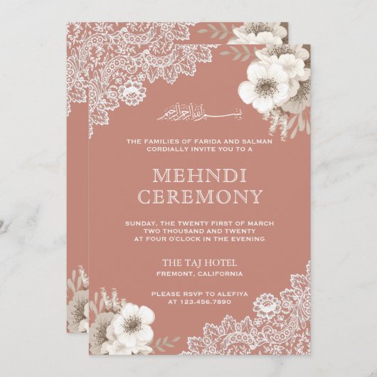 ピーチエレガントフローラレースイスラム教徒メンディ 招待状 (正面/裏面)