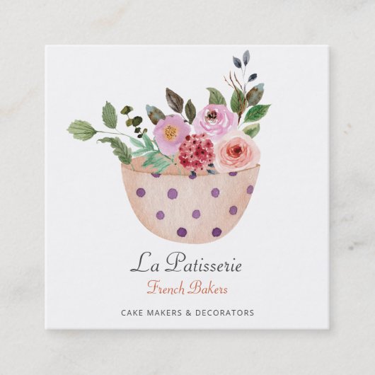 ピーチエレガントフローラ結婚ケーキメーカーベーカリー スクエア名刺 (正面)