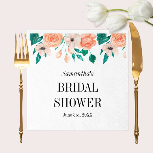 ピーチエレガントブライダルシャワーパーソナライズされたフローラ スタンダードカクテルナプキン