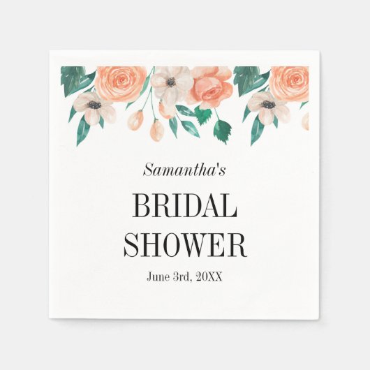 ピーチエレガントブライダルシャワーパーソナライズされたフローラ スタンダードカクテルナプキン (正面)