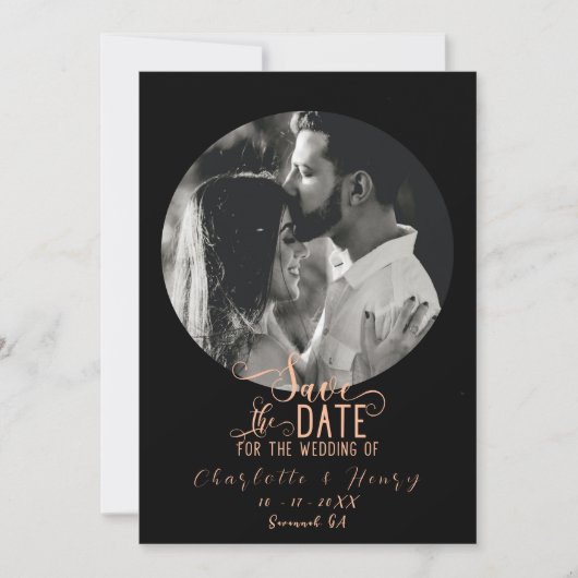 ピーチエレガントブラック写真結婚式の日付を保存 セーブザデート (正面)