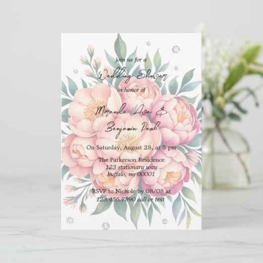 ピーチエレガントブーケウィズダイヤモンドウェディングシャワー 招待状 (スタンド正面)