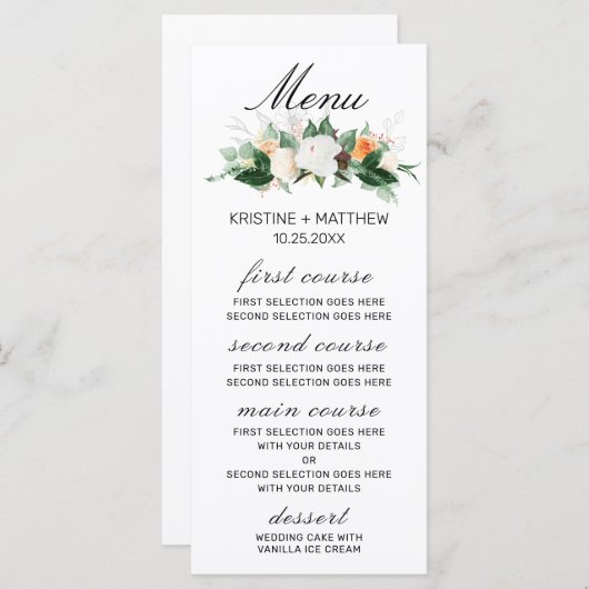 ピーチエレガントホワイトウォーター色フローラ秋の結婚式 メニュー (正面/裏面)