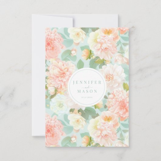 ピーチエレガントミントティール(緑がかった色)フローラウェディングRSVPカード 出欠カード (裏面)