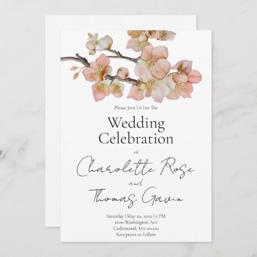 ピーチエレガントーのピンクの水色のフローラ結婚は 招待状 (正面/裏面)