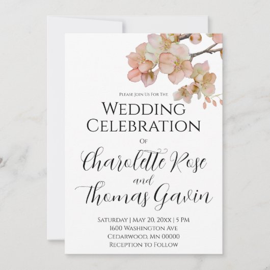 ピーチエレガントーのピンクの水色のフローラ結婚は 招待状 (正面)