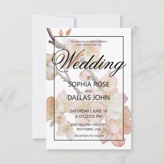 ピーチエレガントーのピンクの水色のフローラ結婚は 招待状 (正面)