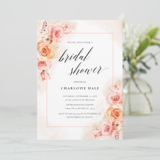 ピーチエレガント赤面フローラフォトブライダルシャワー 招待状 (スタンド正面)