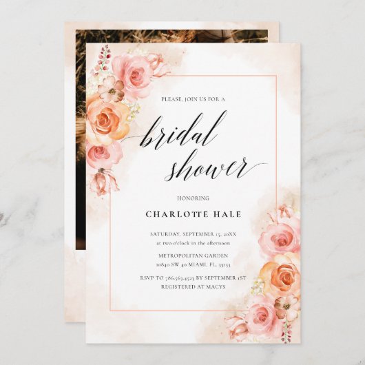 ピーチエレガント赤面フローラフォトブライダルシャワー 招待状 (正面/裏面)