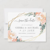 ピーチエレガント金ゴールドフローラほこりっぽいブルー日付を保存 案内状 (正面)