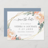 ピーチエレガント金ゴールドフローラほこりっぽいブルー日付を保存 案内状 (正面/裏面)