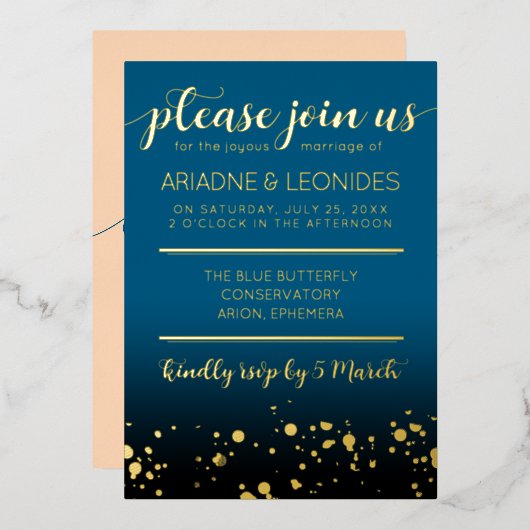 ピーチエレガント・オーシャ結婚ニック・ブルー 箔招待状 (正面/裏面)