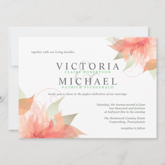 ピーチオレンジとグリーン結婚式招待状 招待状 (正面)