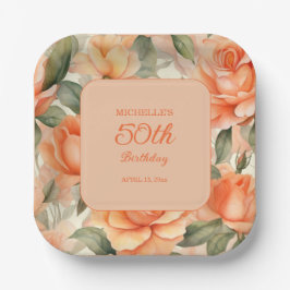 ピーチオレンジのバラの花 50歳の誕生日 ペーパープレート