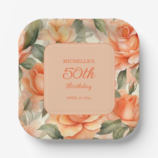 ピーチオレンジのバラの花 50歳の誕生日 ペーパープレート (正面)