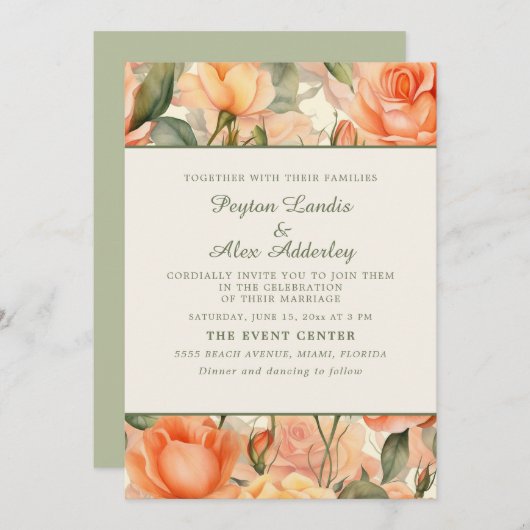 ピーチオレンジウォーターカラーフローラクリーム結婚ズ 招待状 (正面/裏面)