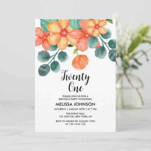 ピーチオレンジグリーン春フラワー21st誕生日 招待状 (スタンド正面)