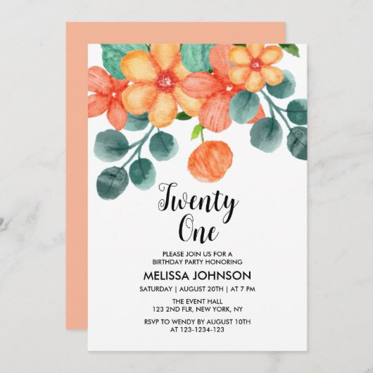 ピーチオレンジグリーン春フラワー21st誕生日 招待状 (正面/裏面)