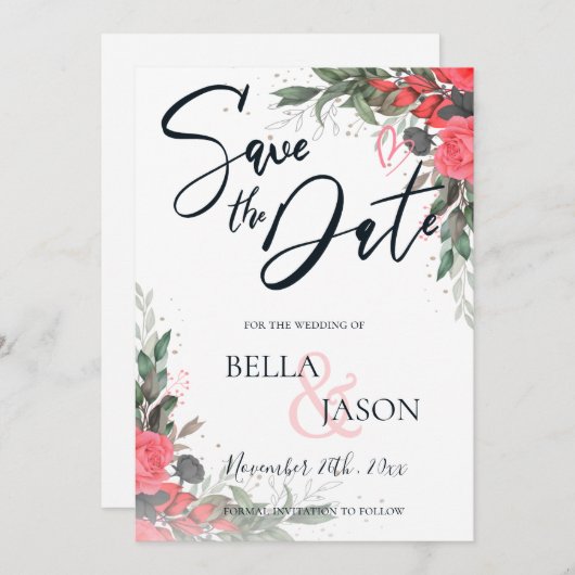 ピーチオレンジグレーフローラ結婚式日付を保存 (正面/裏面)