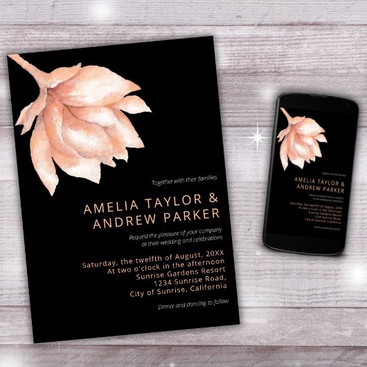 ピーチオレンジファズモダンウォーターカラーフローラ結婚ズ 招待状