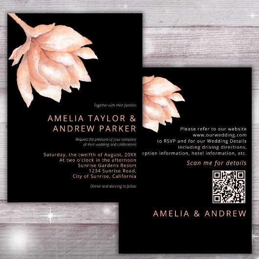 ピーチオレンジファズモダンウォーターカラーフローラ結婚ズ 招待状