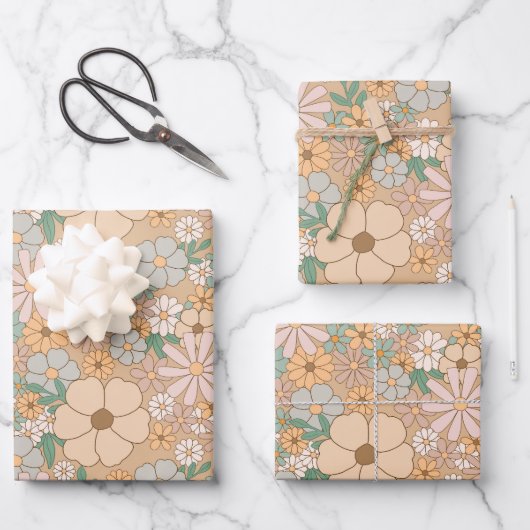 ピーチオレンジ、ピンクグレー、フローラ、3セット ラッピングペーパーシート (正面)