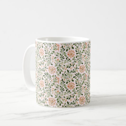 ピーチカラーの花と緑の葉 コーヒーマグカップ (正面左)