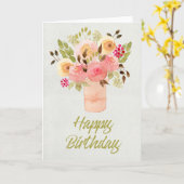 ピーチカラー水彩花誕生日カード カード (黄色い花)