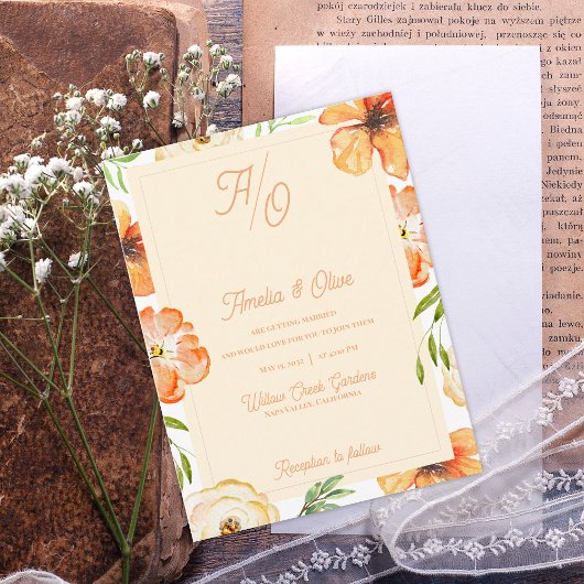 ピーチガーデンの草原の花のモノグラム結婚式招待状 ポストカード