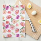 ピーチガーリーピンクパープルフローラ水彩 キッチンタオル (四つ折り)