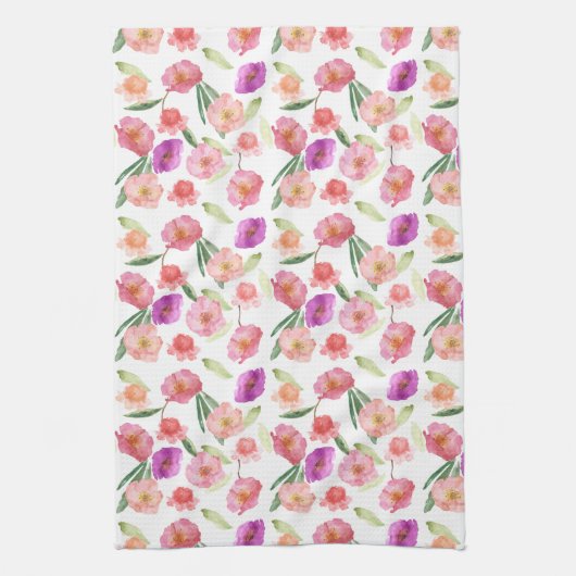 ピーチガーリーピンクパープルフローラ水彩 キッチンタオル (縦)