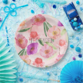 ピーチガーリーピンクパープルフローラ水彩 ペーパープレート (パーティー)