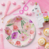 ピーチガーリーピンクパープルフローラ水彩 ペーパープレート (パーティー)