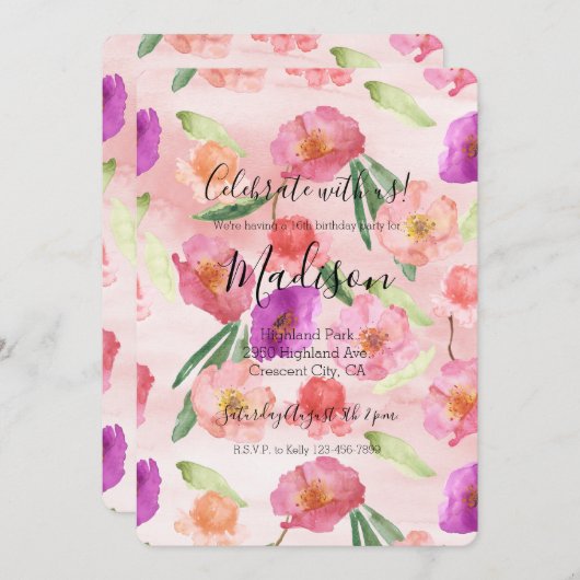ピーチガーリーピンクパープルフローラ水彩 招待状 (正面/裏面)