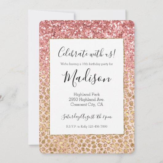 ピーチガーリー金ゴールドヒョウ印刷ピンクグリッターグリジー 招待状 (正面)