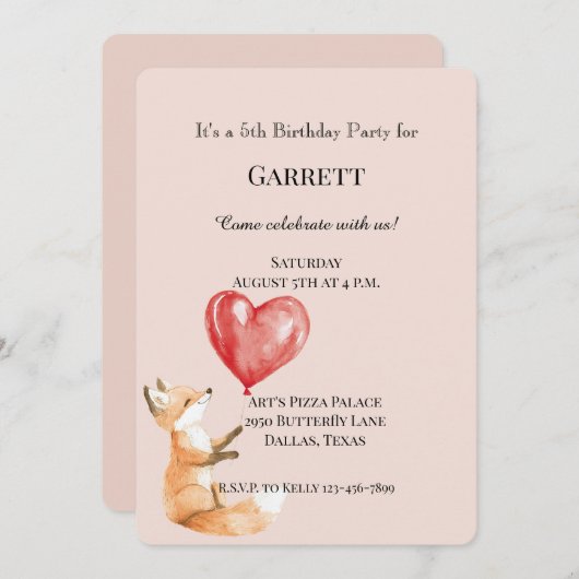 ピーチキュートウッドランドキツネ赤いハート誕生日 招待状 (正面/裏面)