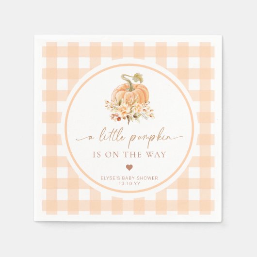ピーチギンガム秋小さなカボチャが途中にある スタンダードカクテルナプキン (正面)