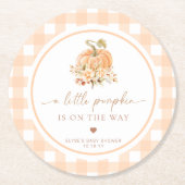 ピーチギンガム秋小さなカボチャが途中にある ラウンドペーパーコースター (正面)