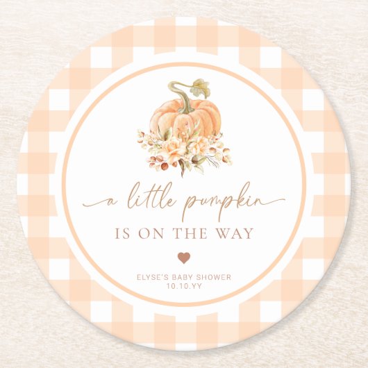 ピーチギンガム秋小さなカボチャが途中にある ラウンドペーパーコースター (正面)