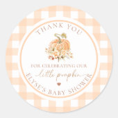 ピーチギンガム秋私たちの小さなカボチャありがとう ラウンドシール (正面)